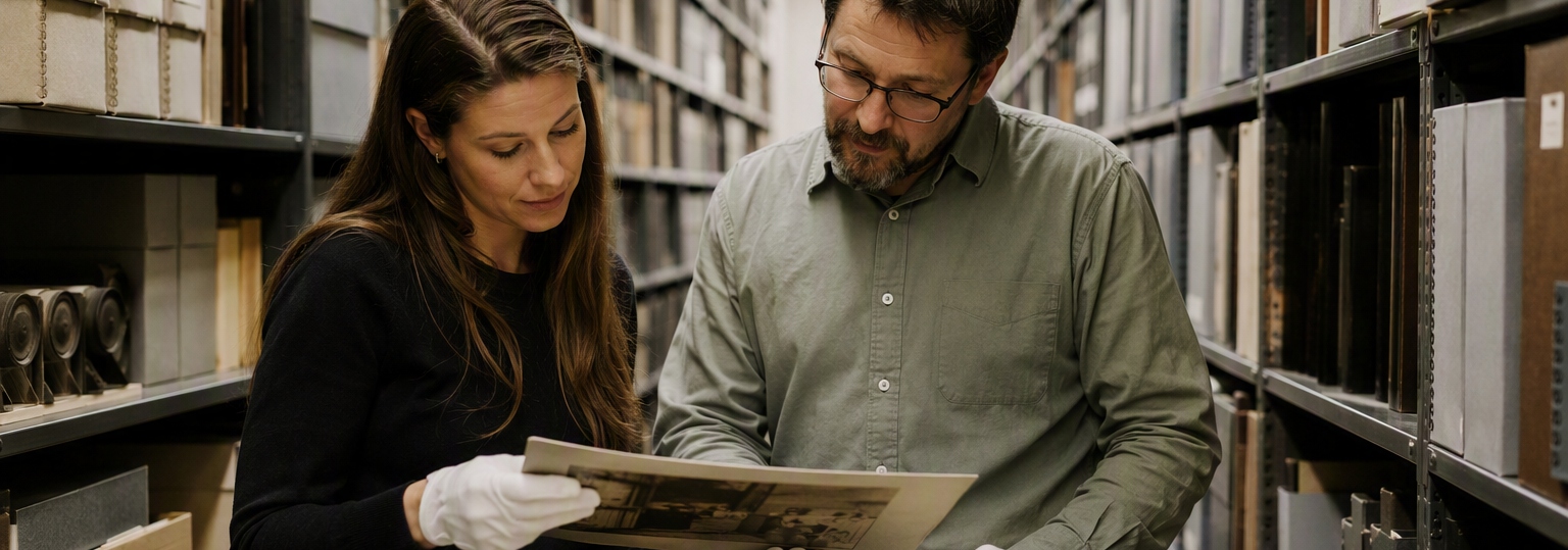 Two adults engaged in discussion about online history master’s career paths in a study setting