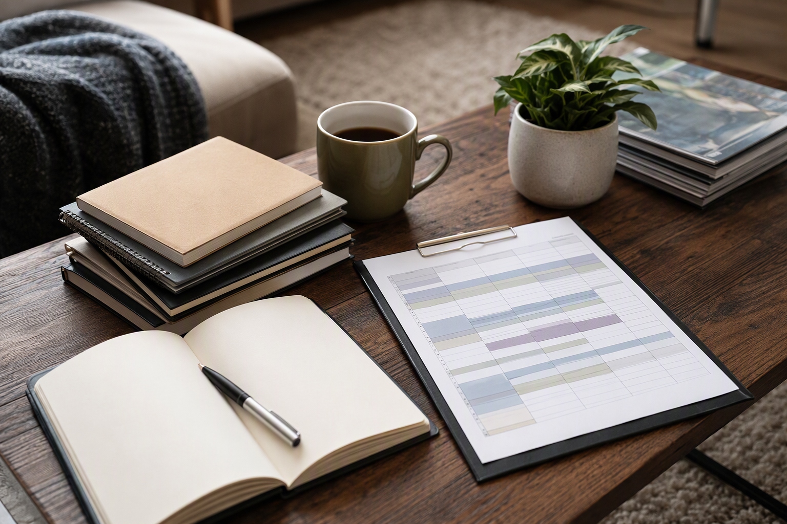 Adult examining research notes and course plans for an online instructional design doctorate