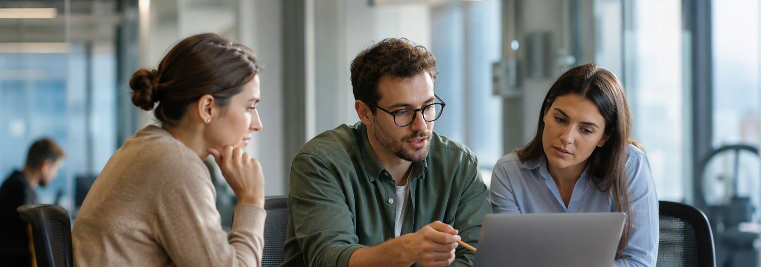 Two professionals discussing an online IT master's program in a cafe setting