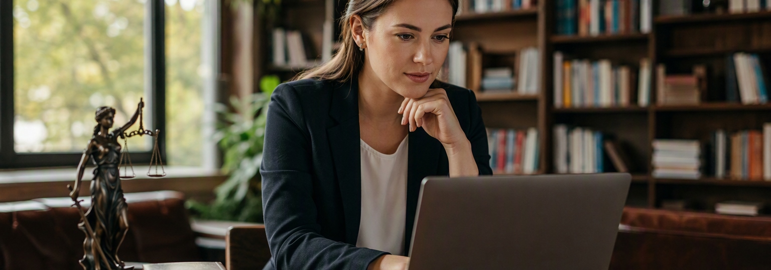Adult student reviewing application materials for online law master's program in a study setting
