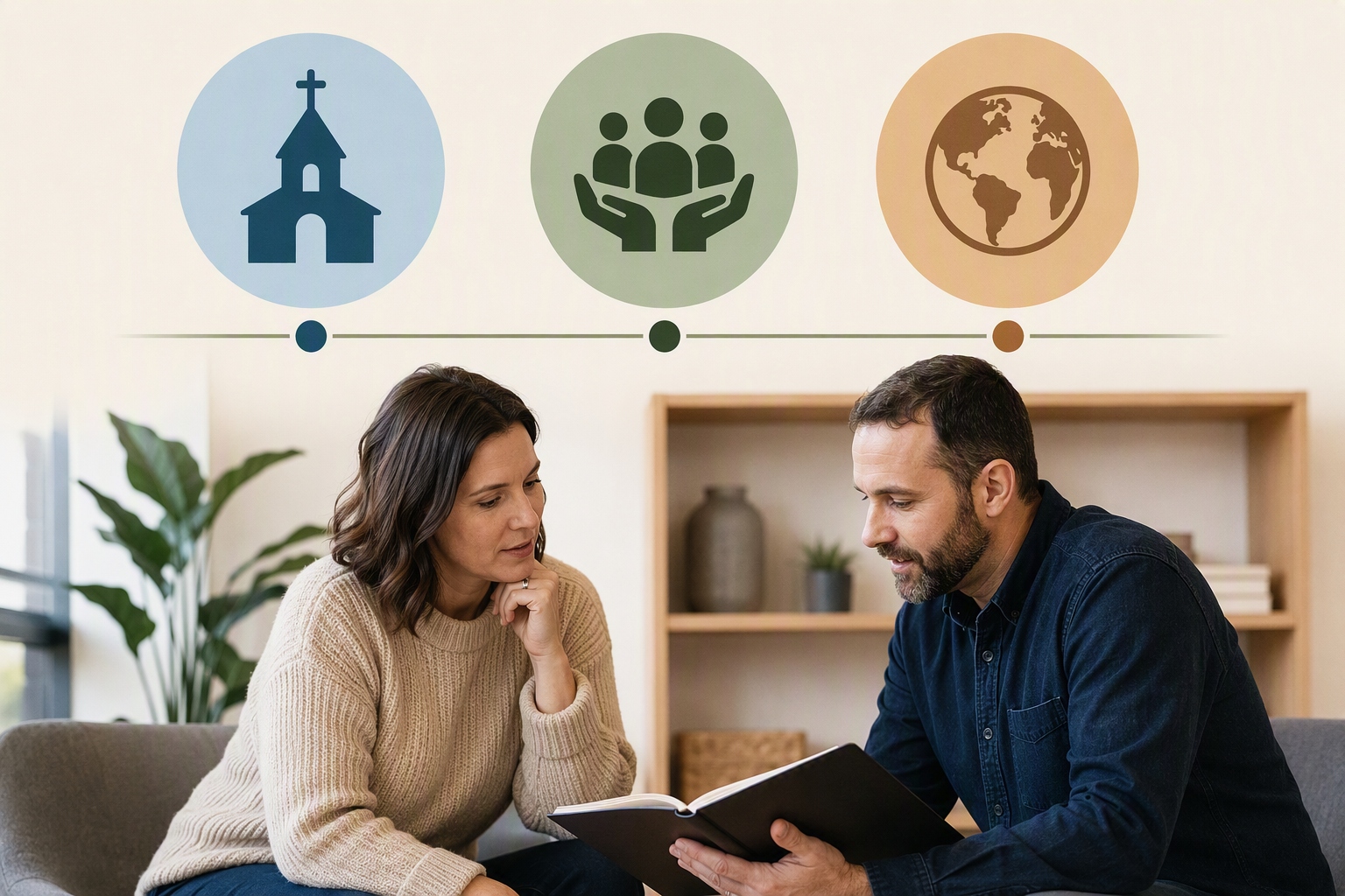 Graphic showing specializations in church, nonprofit, and missions for online leadership and ministry master's curriculum