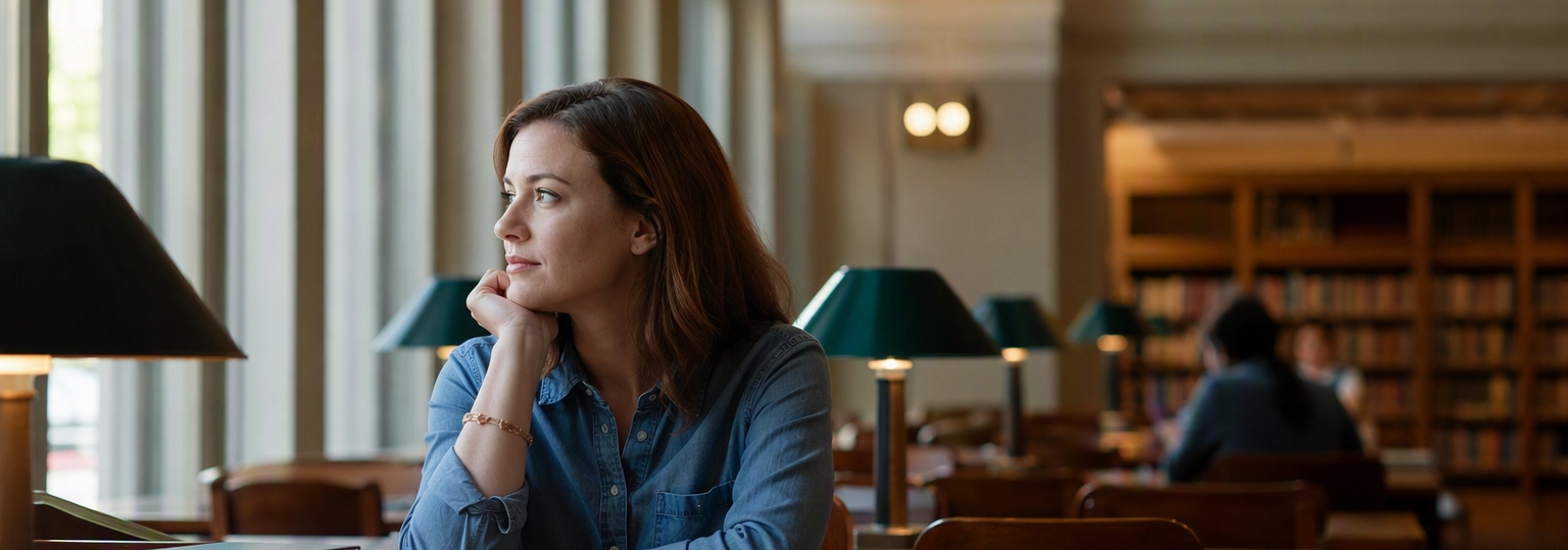 Two adults discussing transfer credits for an online liberal arts bachelor's program in a library setting