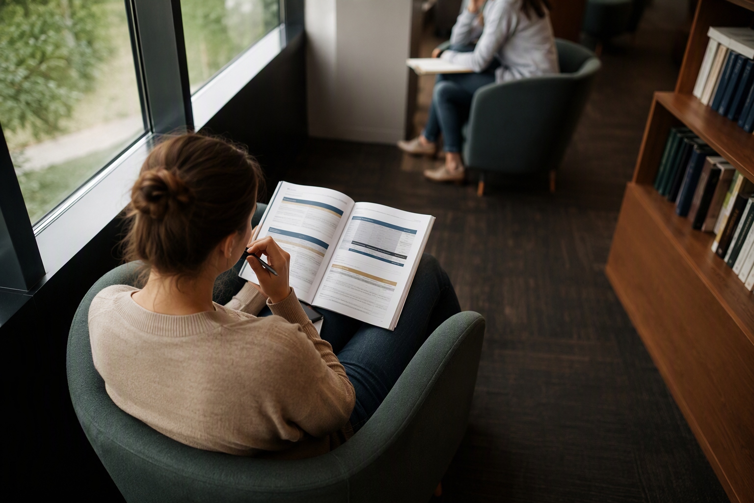 A student reviewing a program catalog for an online master's in law degree