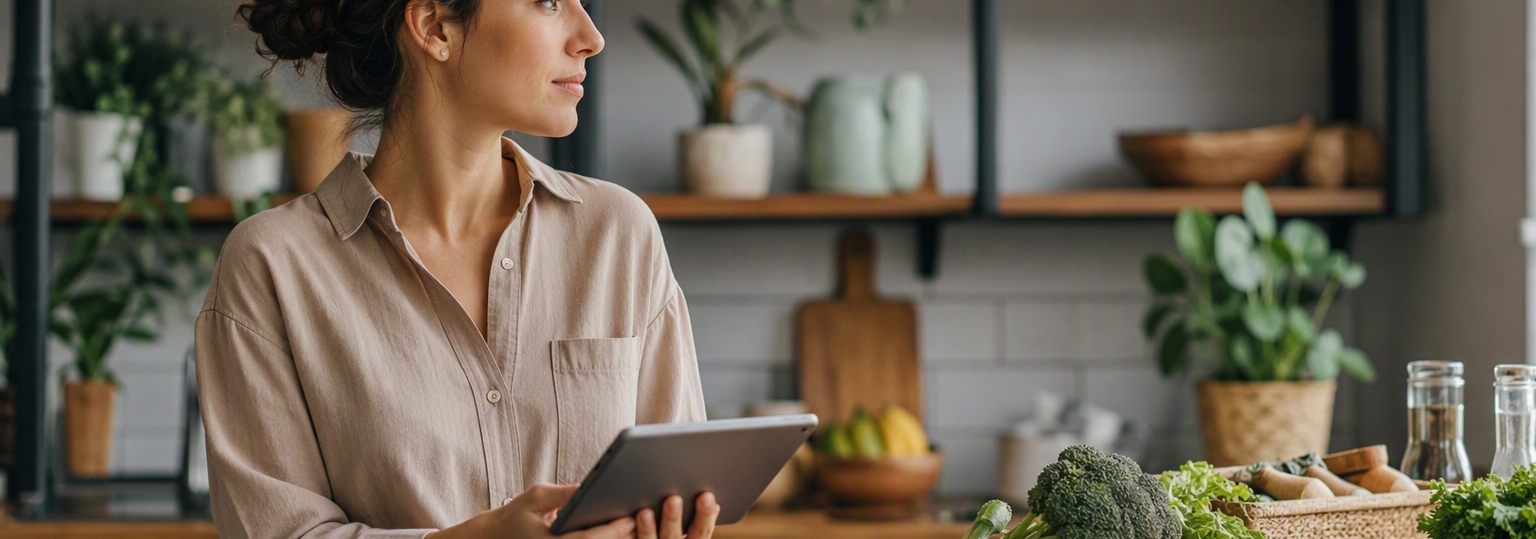 Professional adult studying in a bright, inviting kitchen setting with nutrition materials