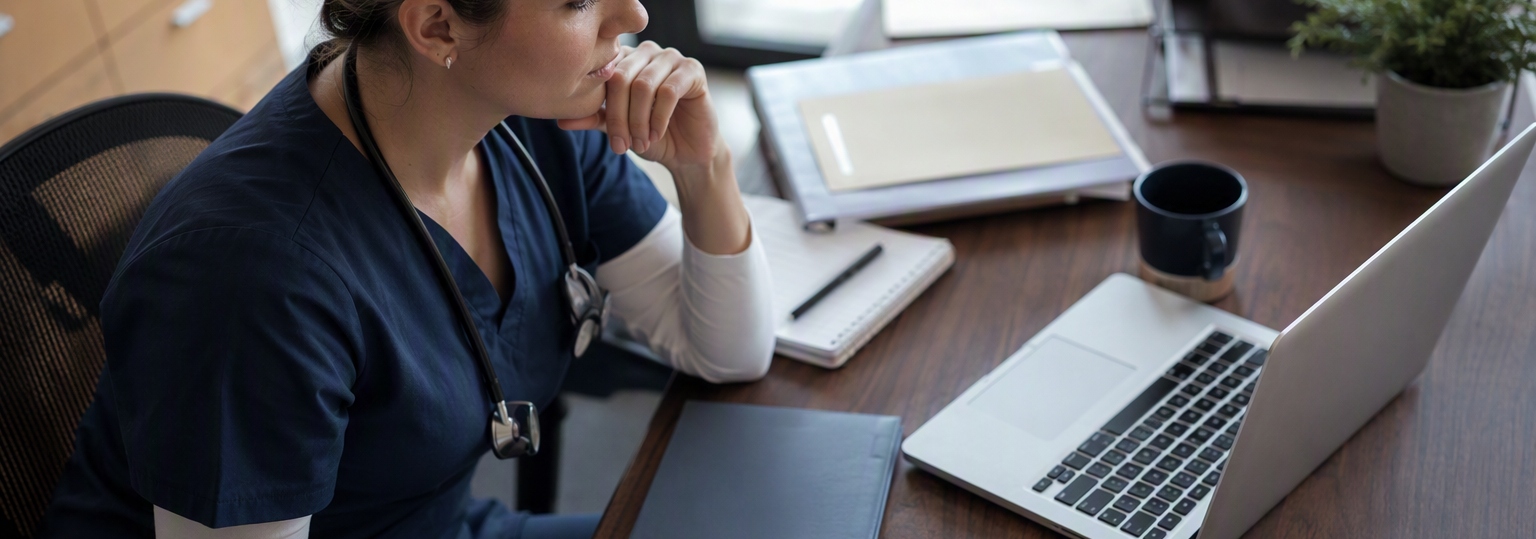 Healthcare professional reviewing documents in a clinical setting, illustrating online MPH for healthcare administrators