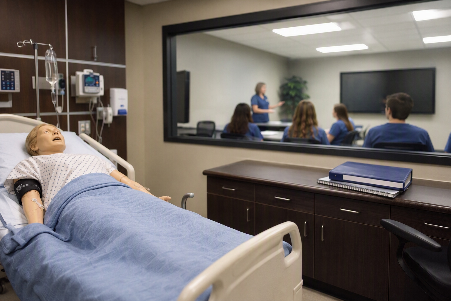 Nursing students practice teaching skills in a classroom simulation for MSN curriculum