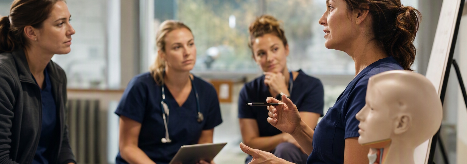 Adult nursing student engages in practical skills training in a realistic classroom setting