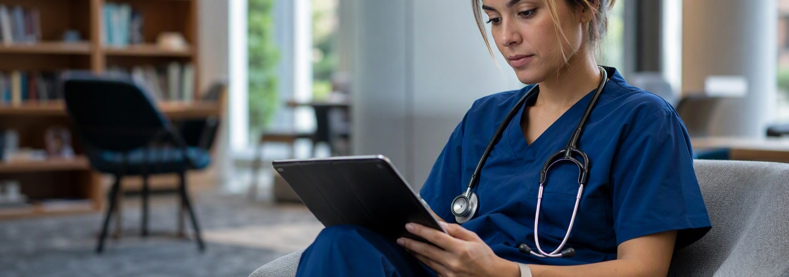 Nurse practitioner student reviewing clinical requirements in a bright, professional workspace