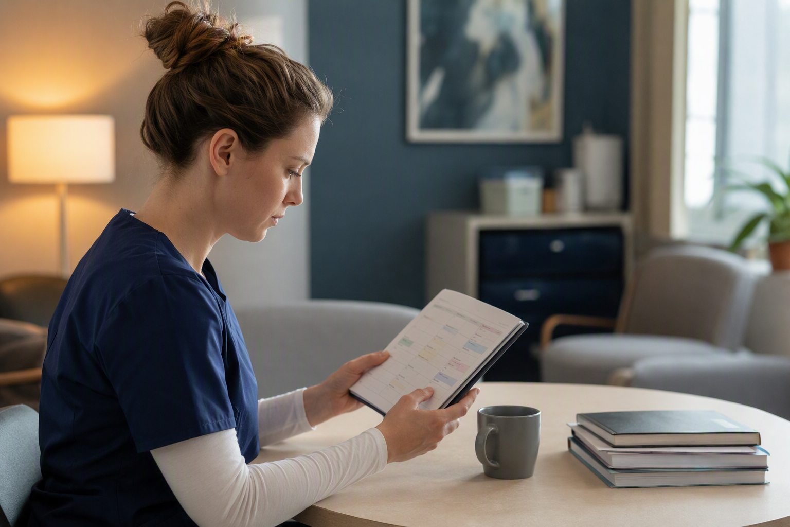 Nurse examining a weekly planner while reviewing a sample-week checklist for nursing administration program