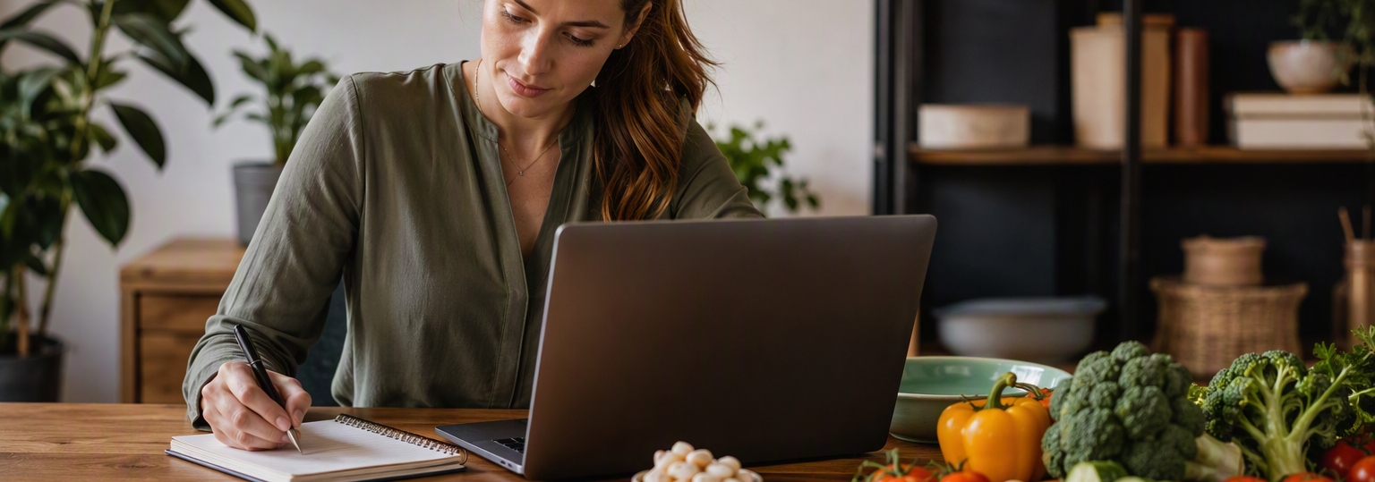 Adult student researching online master's in nutrition in a casual learning environment
