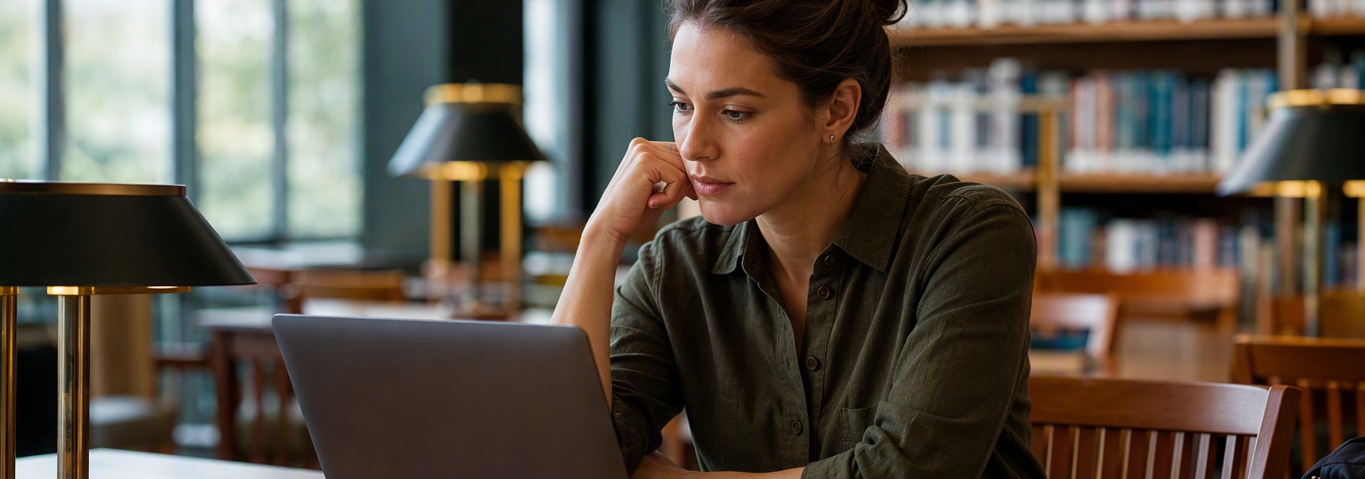 Two adults discussing options for an online political science bachelor's program in a study setting