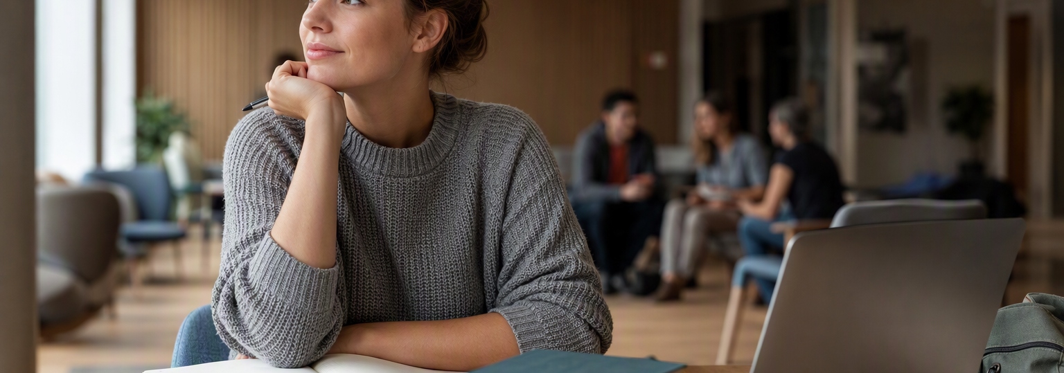 Adults discussing educational paths in a collaborative, modern workspace setting