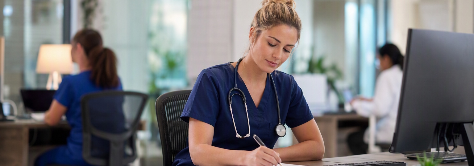 Nurse discussing career advancement in an office environment with a colleague