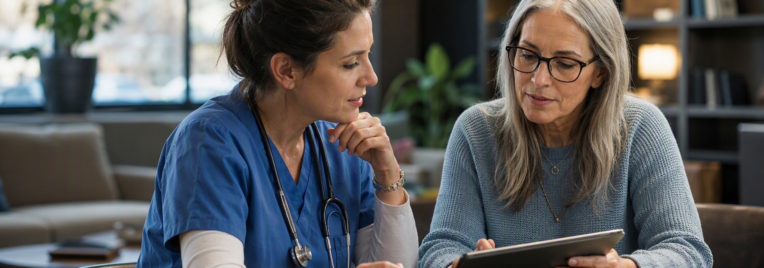 Two adults discussing online RN-to-MSN nurse educator options in a natural, professional setting