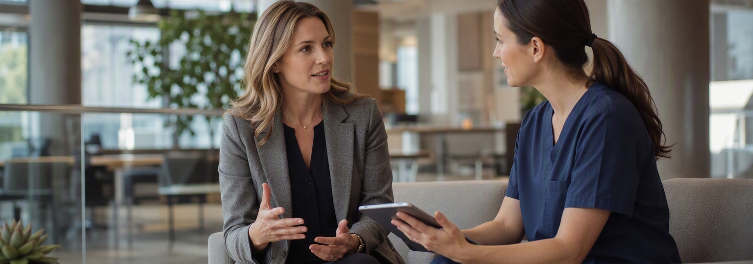 Nursing professionals discuss educational paths in a bright, modern study setting