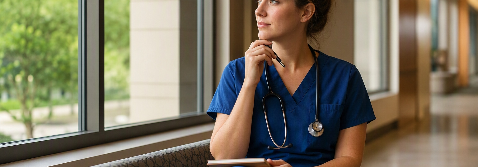 A nurse reviewing materials in a quiet study space, contemplating degree paths in nursing education
