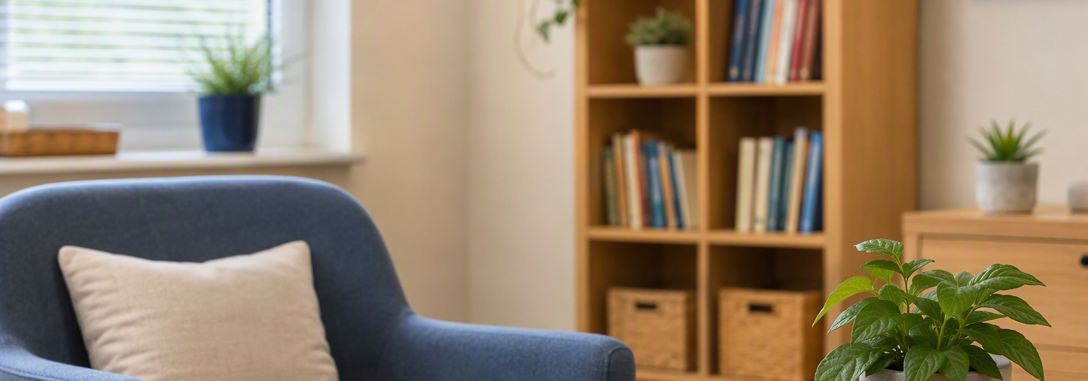 Professional adult in a school counseling office discussing program requirements with an advisor