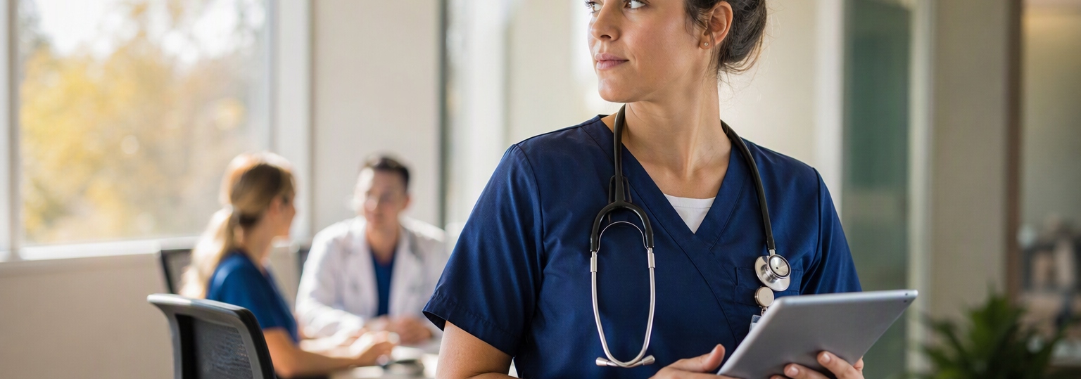 Two nurses discussing career options in a professional office setting