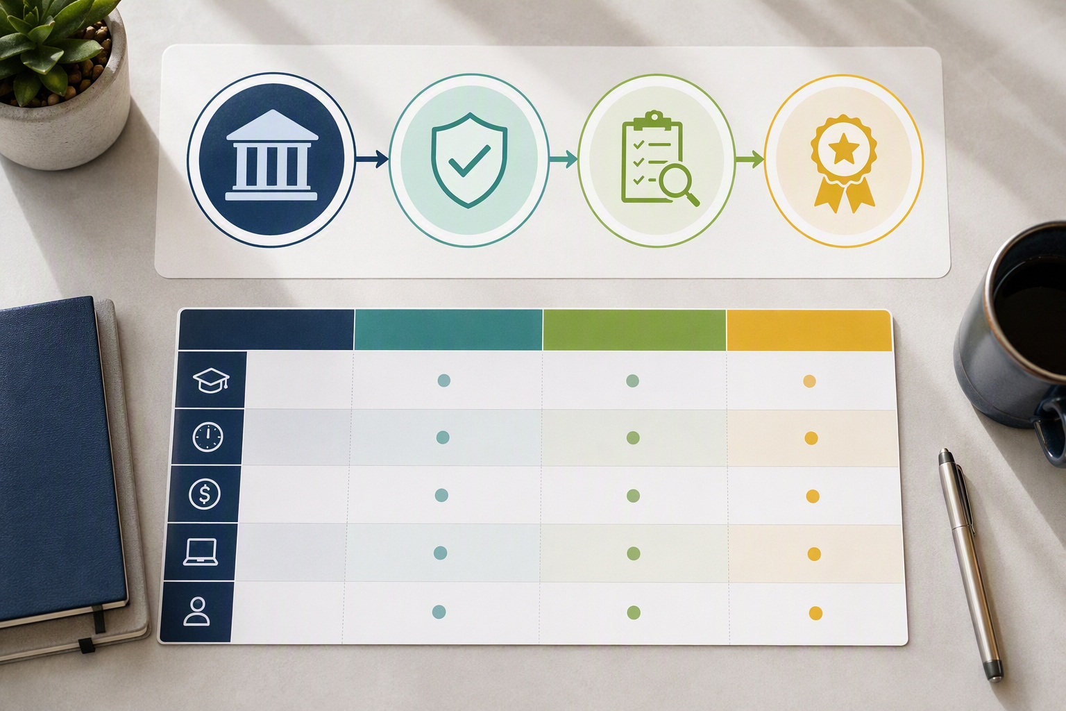 Diagram illustrating accreditation and catalog verification for online cybersecurity graduate certificates