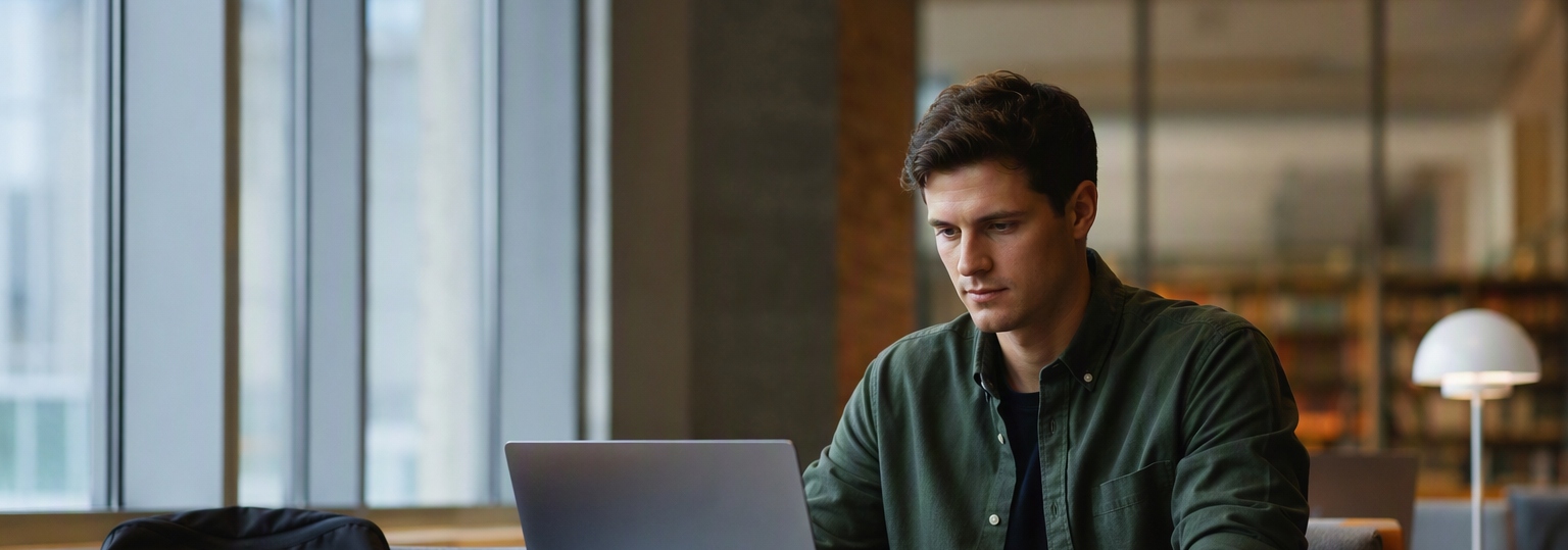 A confident professional discussing online cybersecurity education at a modern workspace