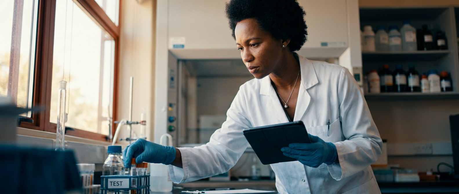 Lab scientist analyzing samples in a modern workplace.