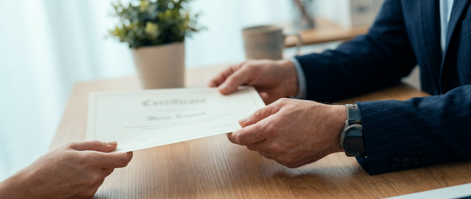 A professional hands a certificate to another person across a desk.