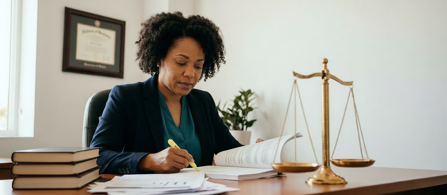 A legal professional reviews and highlights documents at a desk with law books and brass scales of justice nearby.