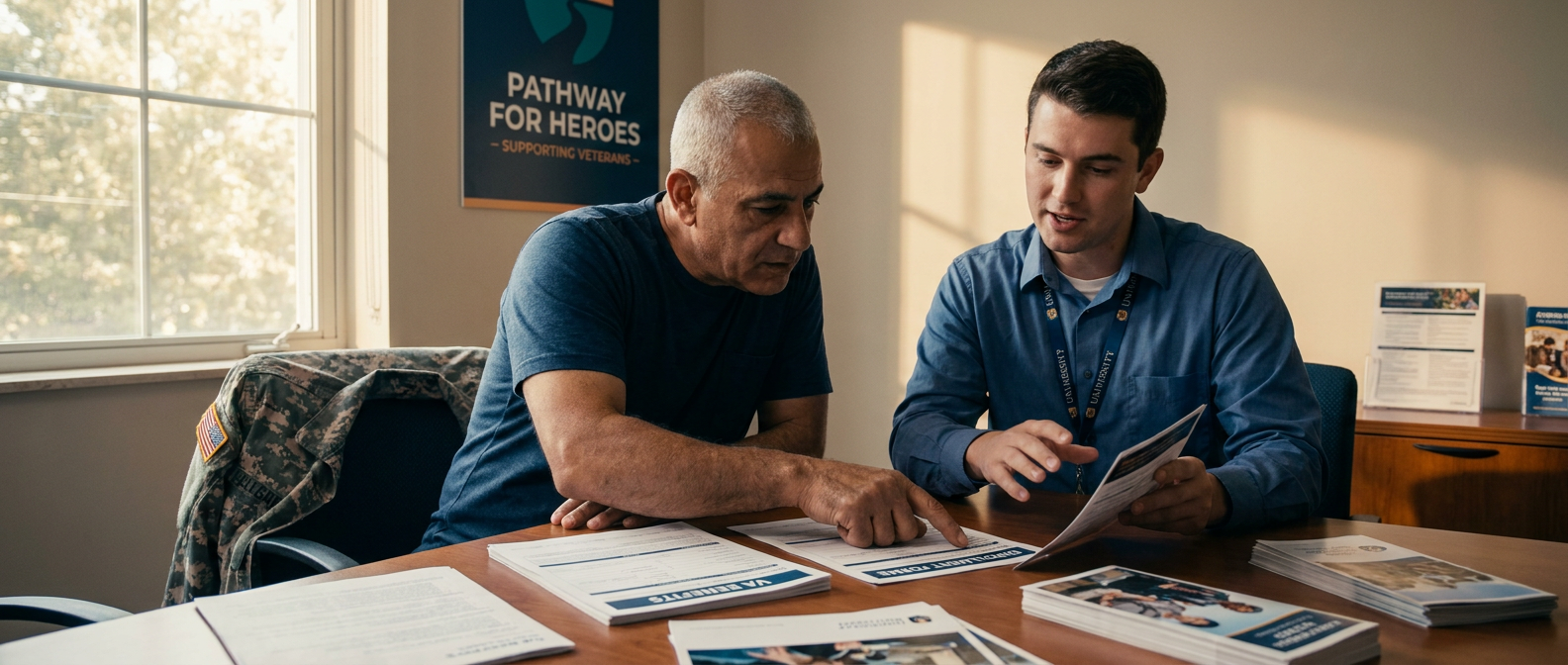 Veteran reviews education benefits and enrollment paperwork with an advisor at an admissions desk.