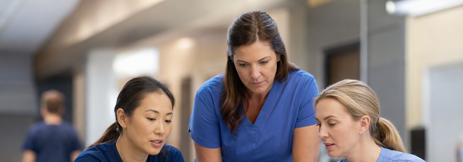 Nursing student reviewing materials in a healthcare training setting for RN-to-MSN programs
