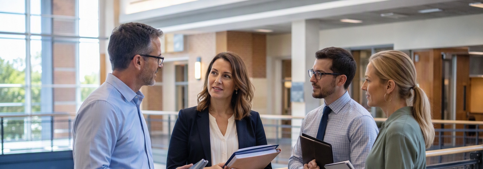 A group of education administrators discussing strategies in a well-lit university office setting